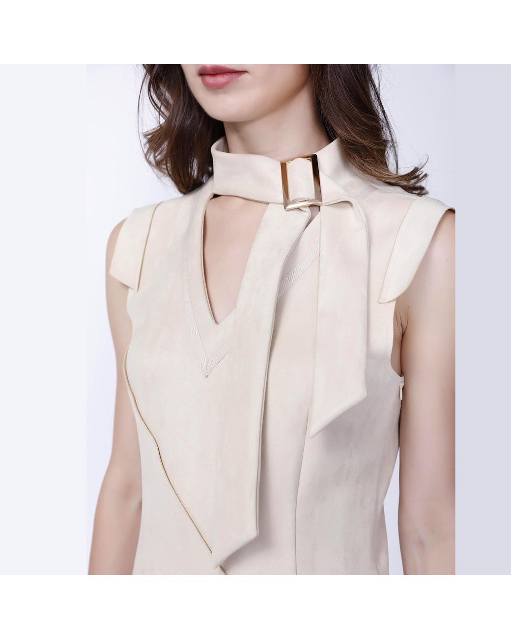 Smart and Joy Natural V-neck Structured Cut Suede Dress