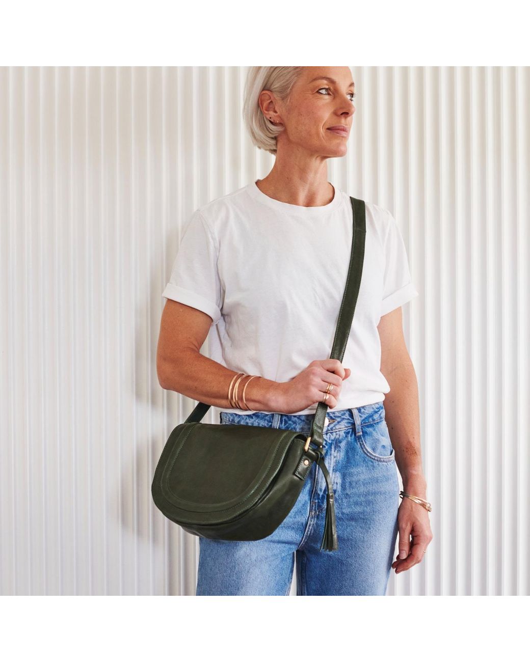 VIDA VIDA Green Luxury Soft Leather Saddle Bag With Tassel