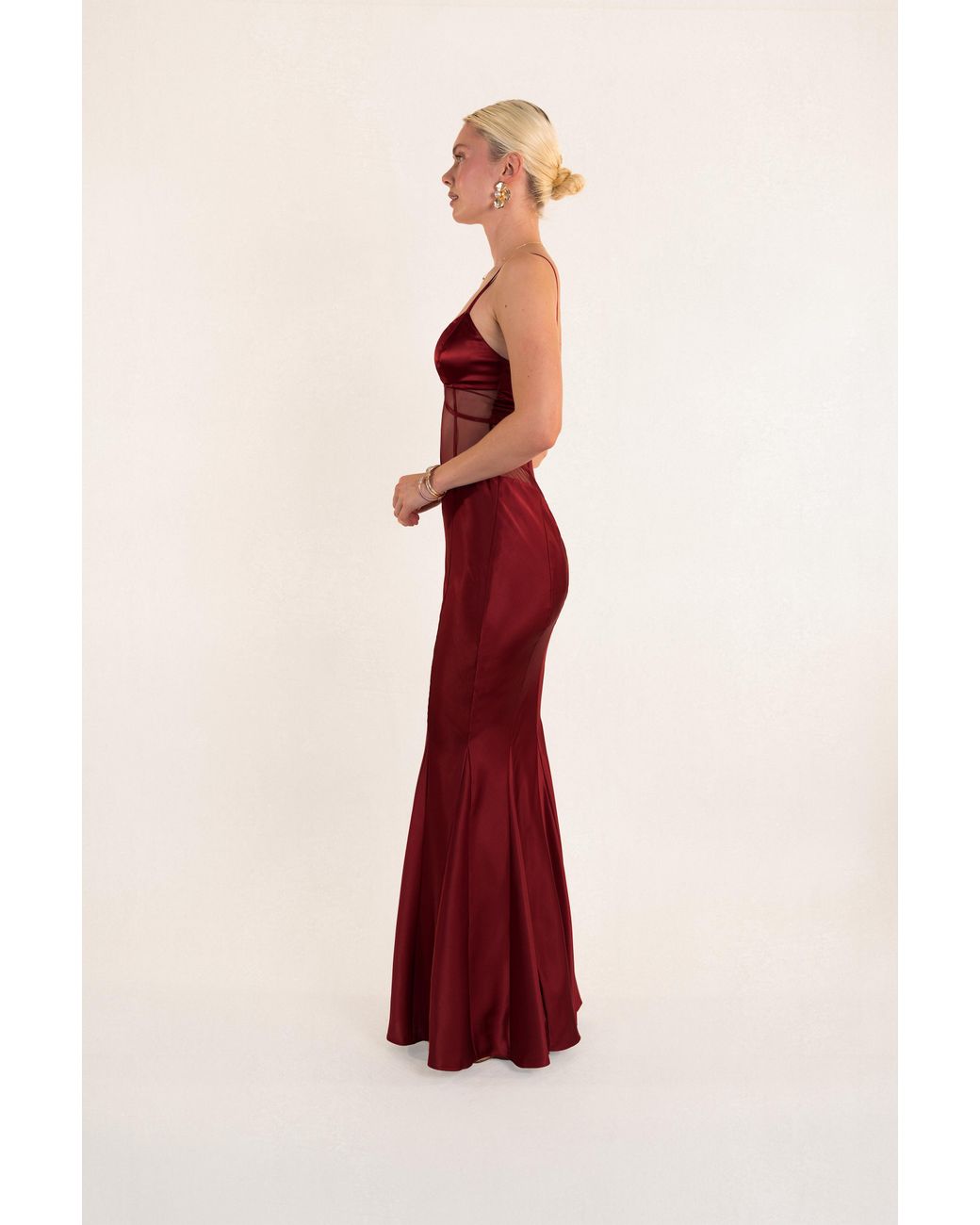 Clerestory Red Amarante Satin Bias Mesh-Waist Maxi Dress