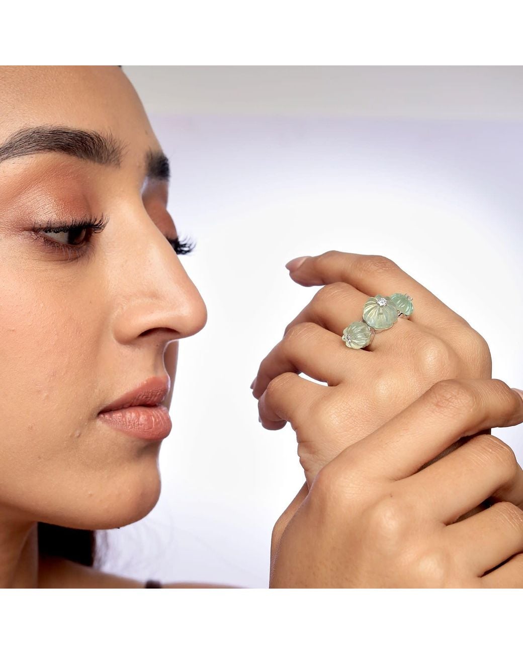 Artisan Green Carved Emerald & Diamond Floral Statement Ring