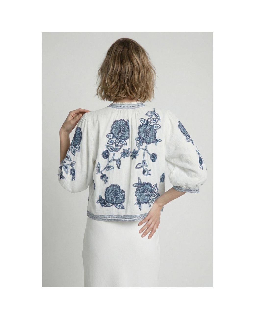 Modenaire Blue Floral Embroidered Cropped Jacket With Clean Front