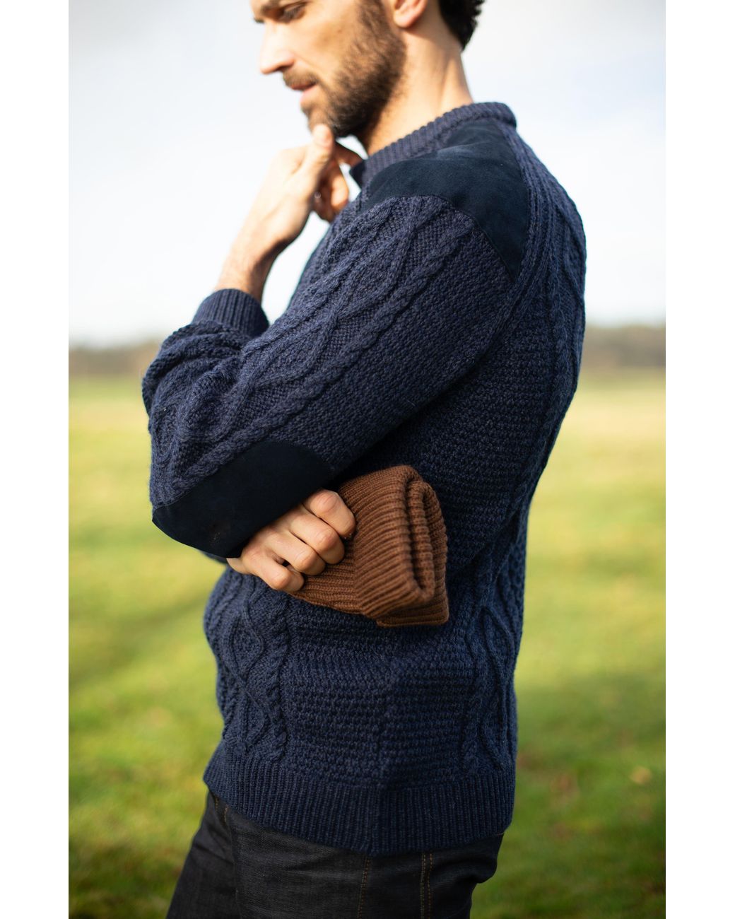 Paul James Knitwear Blue Chunky Merino Wool Archiee Shooting Jumper for men