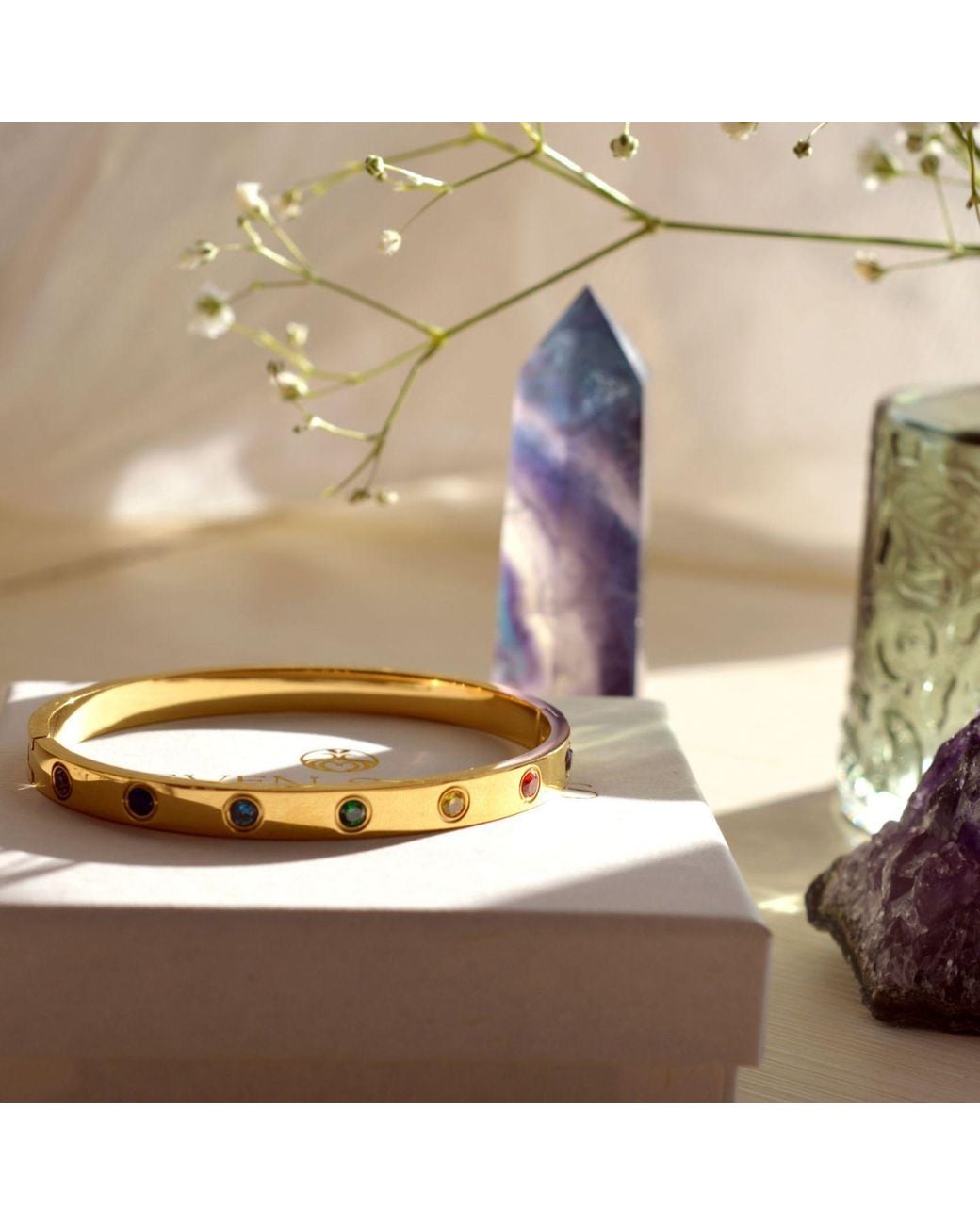 Seven Saints Metallic Chakra Healing Stone Bangle, Over Stainless Steel