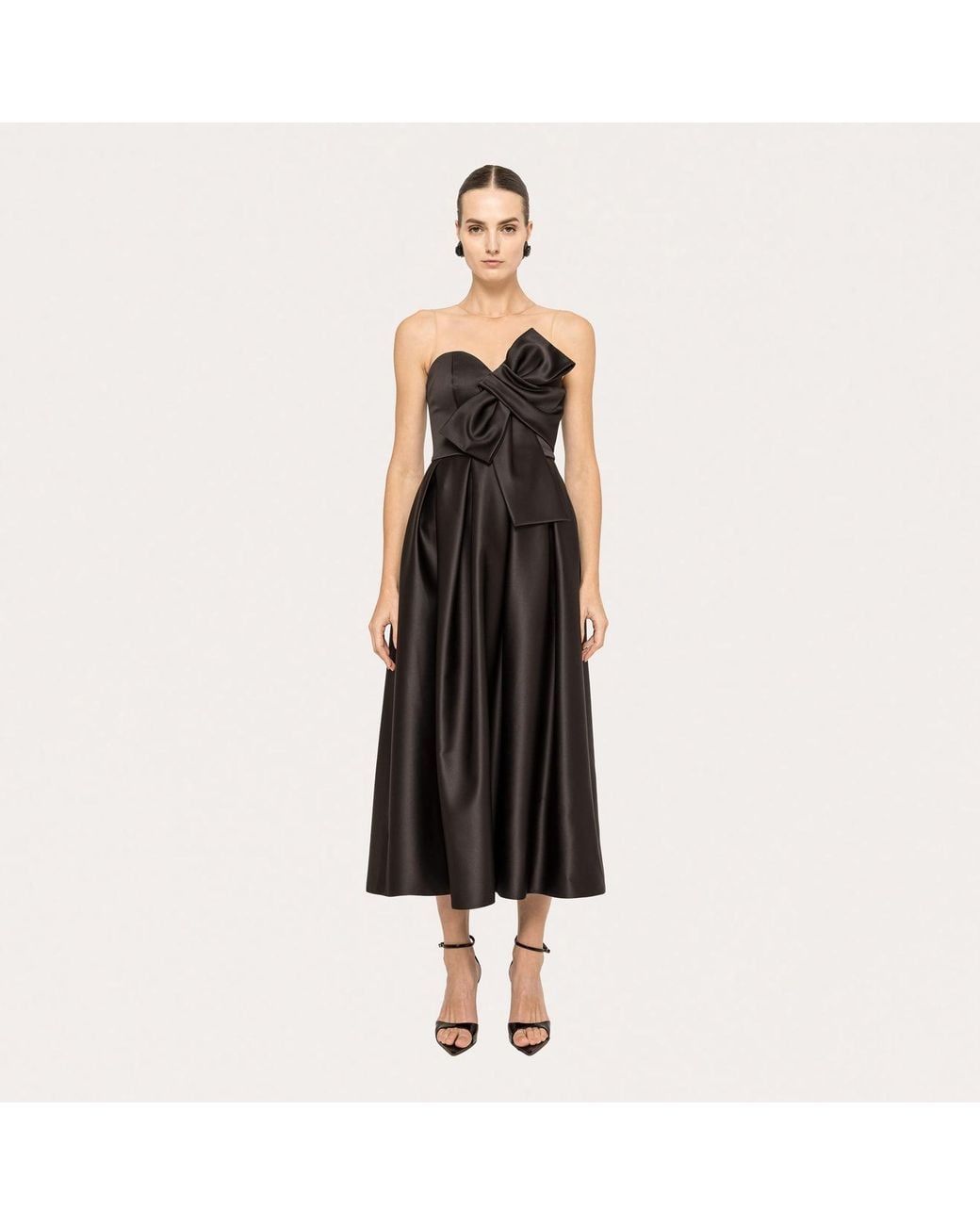 Nissa Black Bow-Detail Taffeta Midi Dress