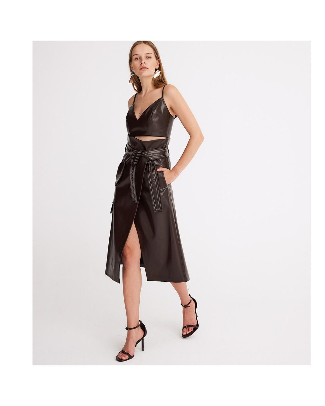 Mirimalist Brown Sepia Leather Wrap Midi Skirt