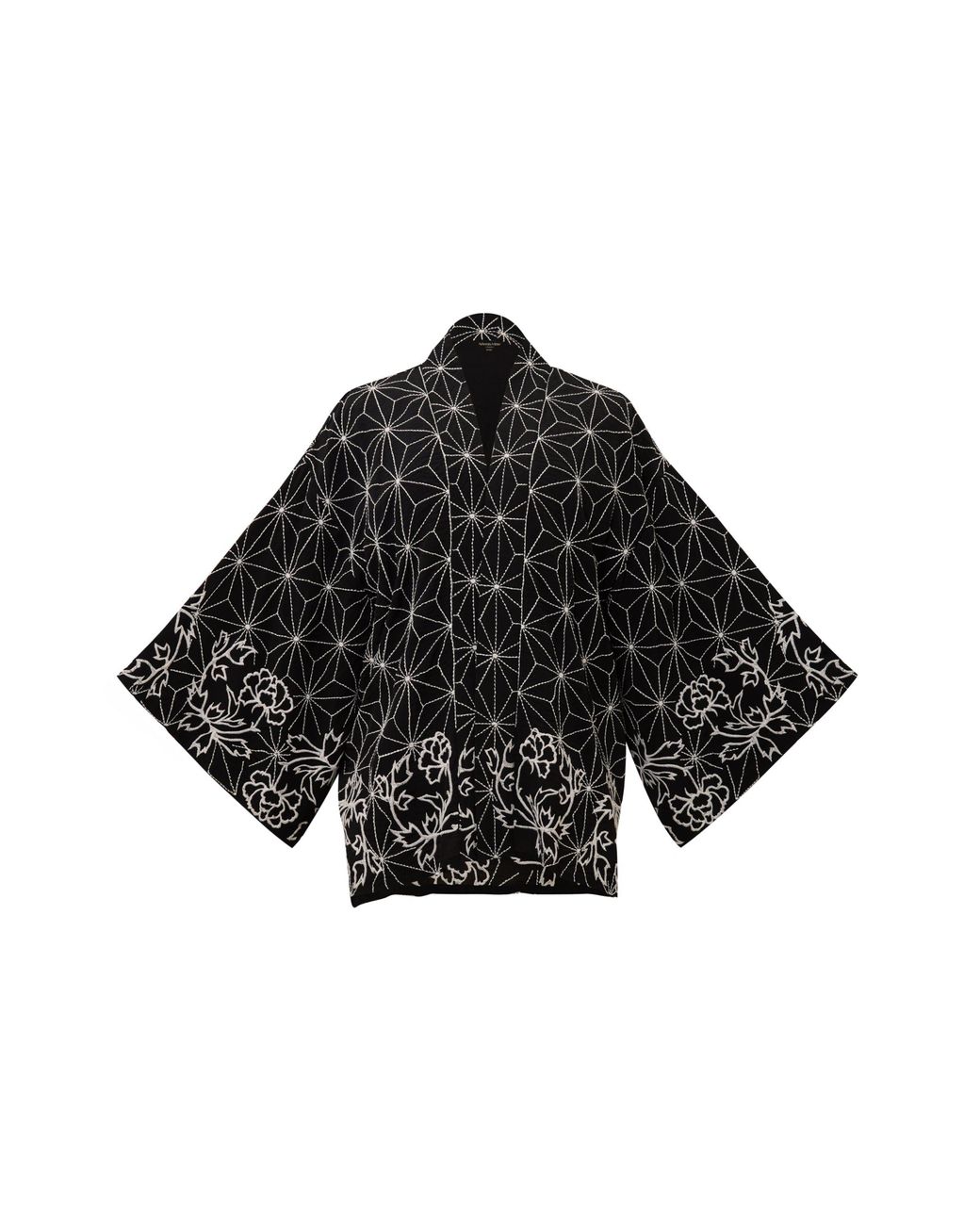 Artemis Muse Black Asanoha & Peony Embroidered & Ivory Fully Lined Short Kimono