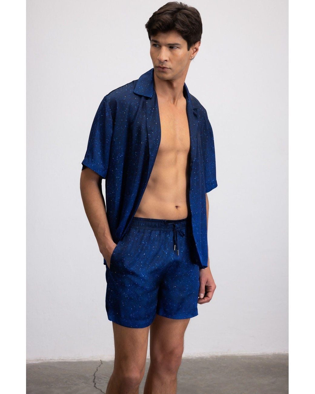 Je Te Veux Blue Night Sky Printed Cosmic Mind Drawstring Shorts for men