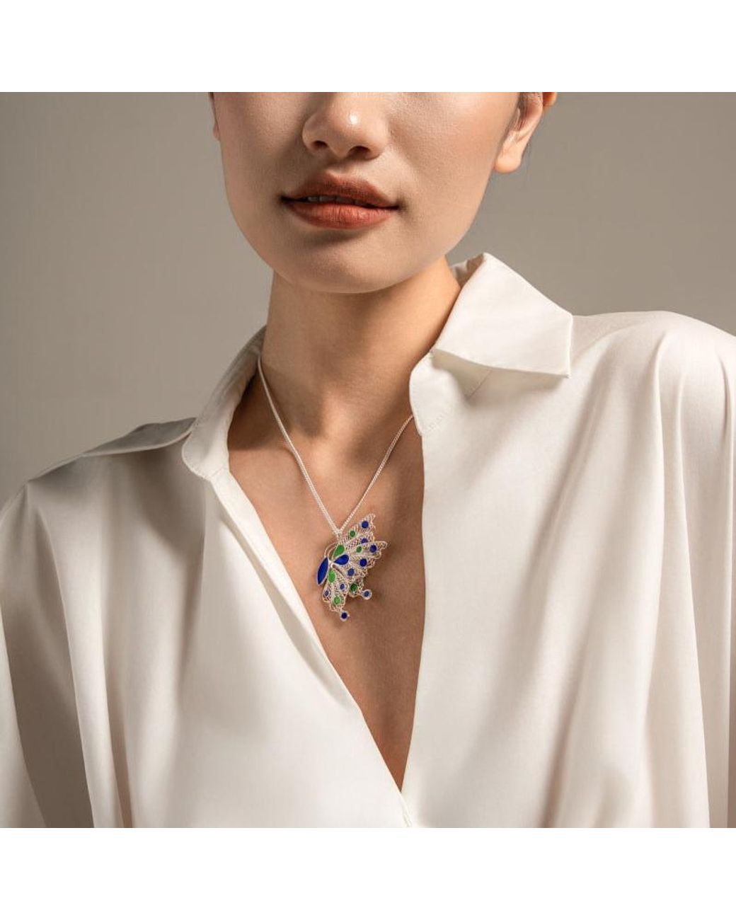 Far East Jewelry White Handcrafted & Enamel Butterfly Dance Necklace