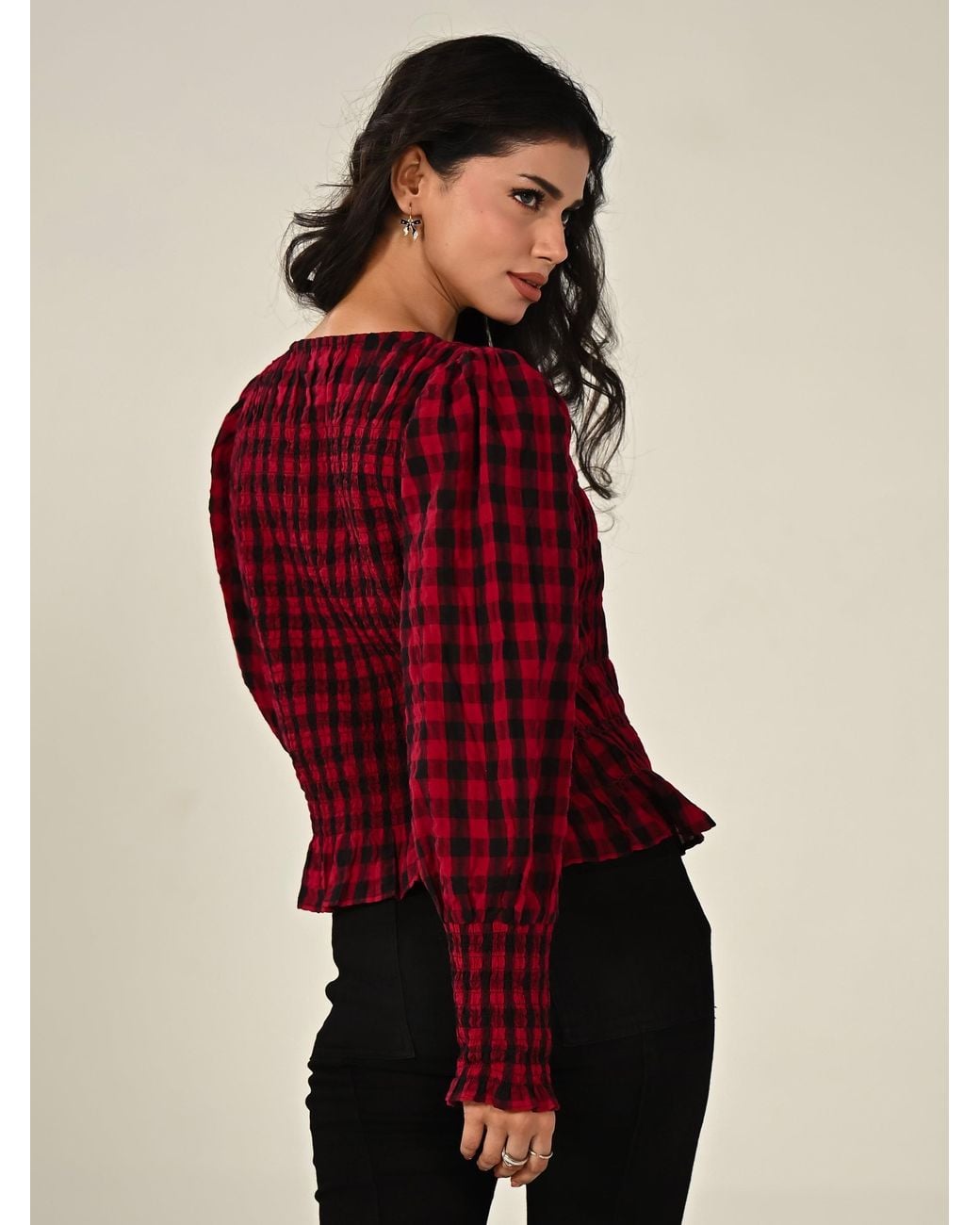 Rose & Nancy Red Mary Cotton Check Smocked Shirt
