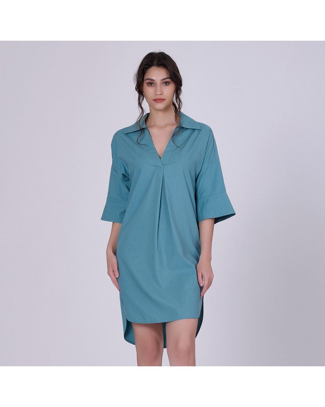 Smart and Joy Blue Cotton Minimalist Shirt Dress