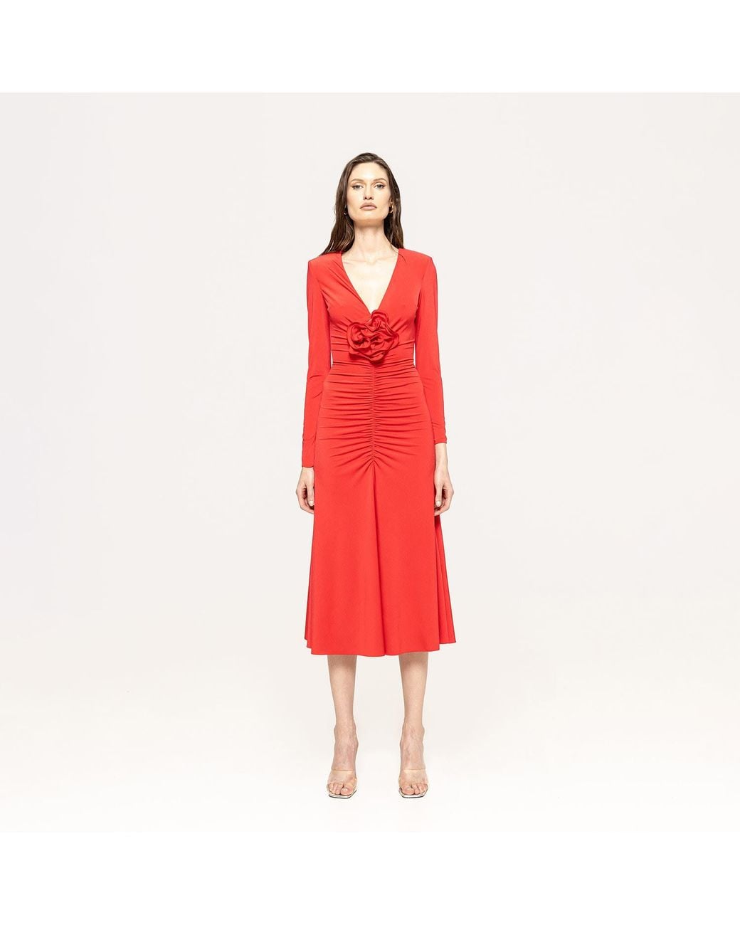 Nissa Red Floral-Detailing Midi Dress