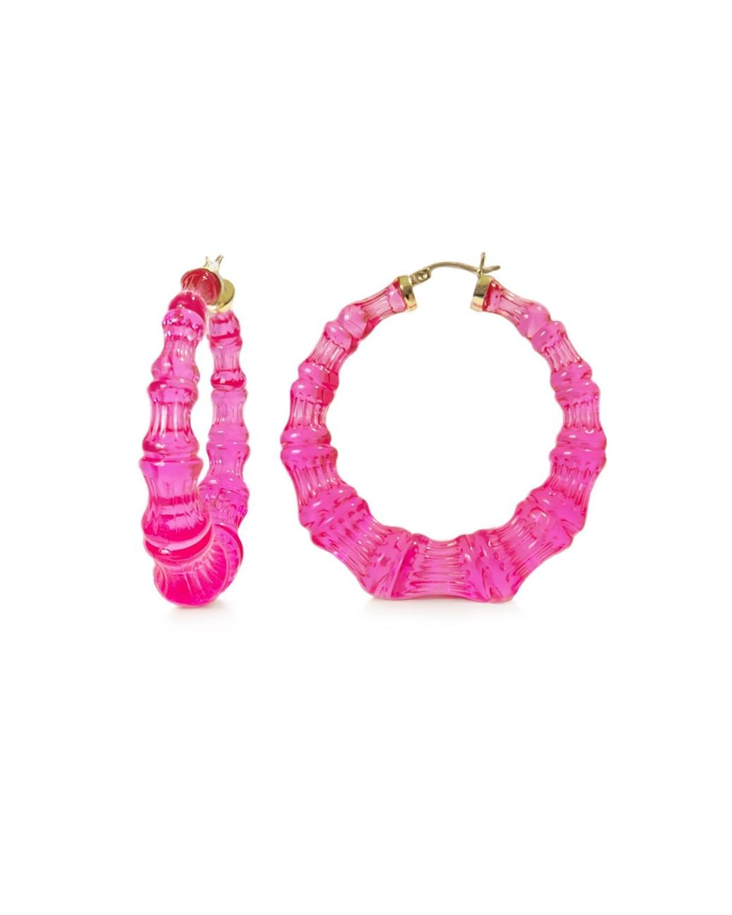 Gold & Honey Pink Hot Bamboo Lucite Hoop Earrings