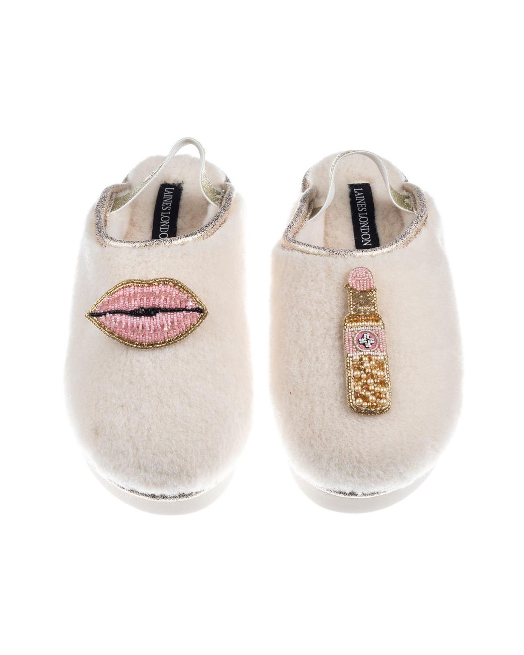 Laines London Multicolor Neutrals Flatform Cloud Closed Toe Slippers With Lips & Lipstick Brooches