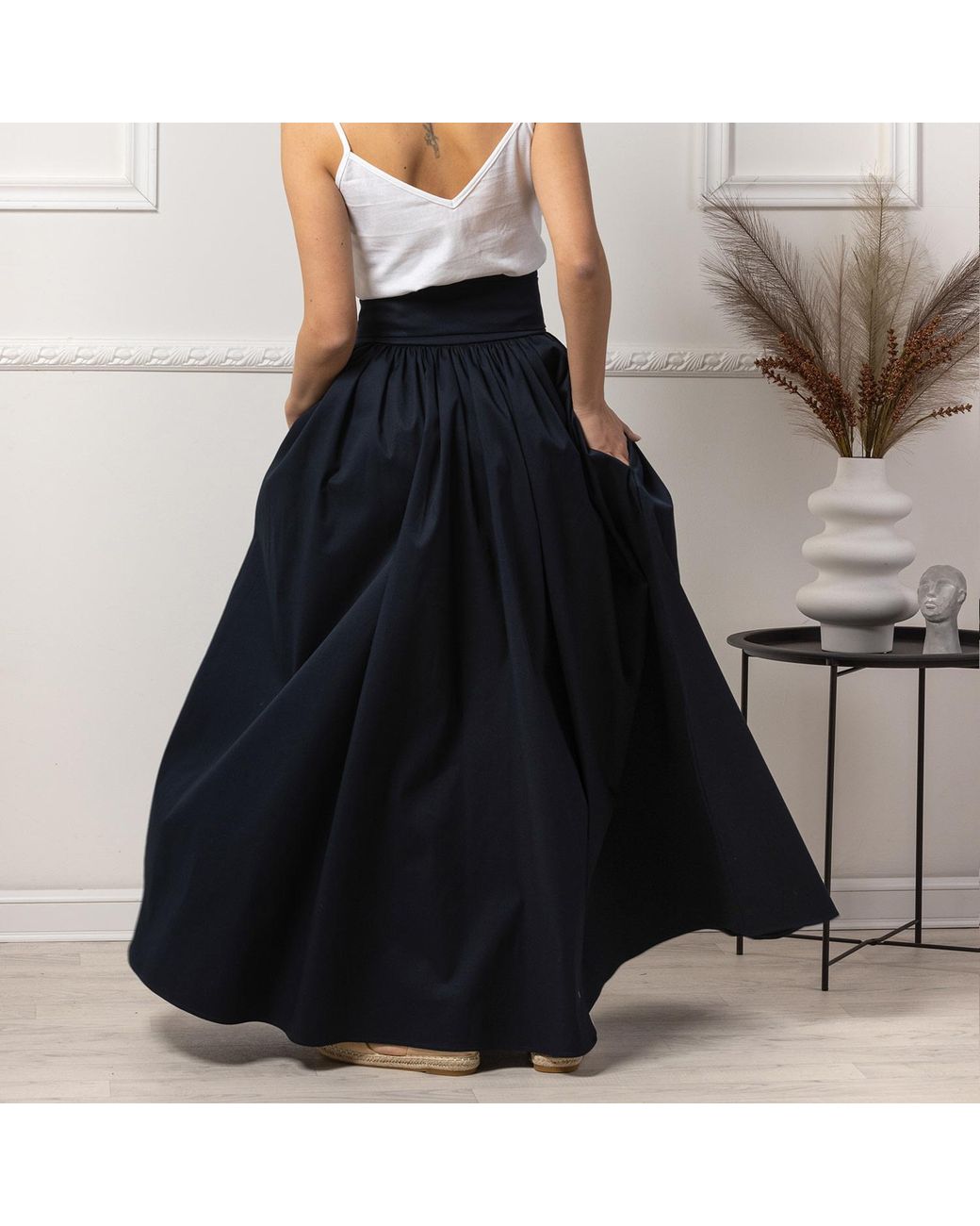Nikka Place Blue Long Flared Skirt With High Waist & Front Bow