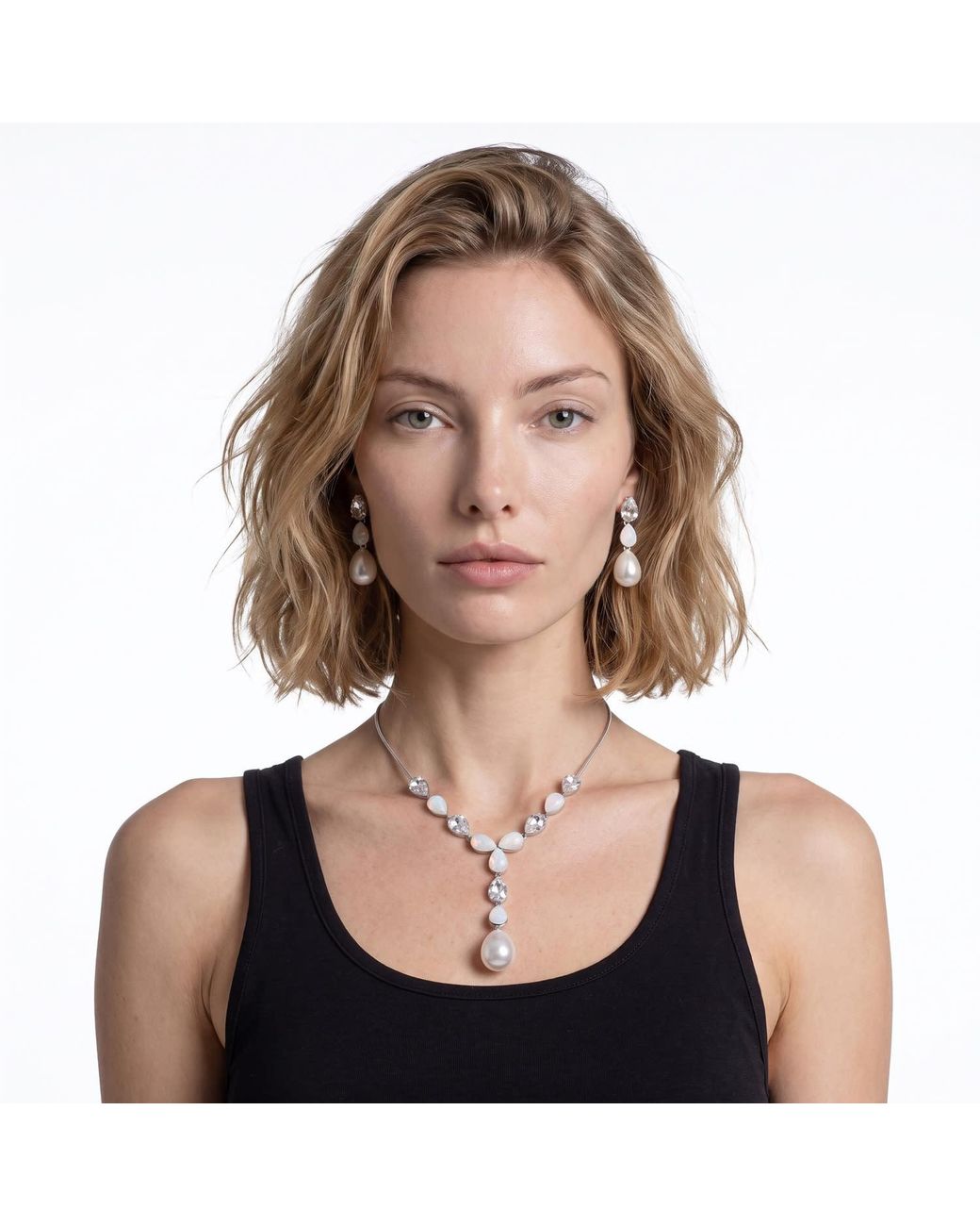 Modenaire Metallic Elegant Pearl Drop Necklace And Earrings Set