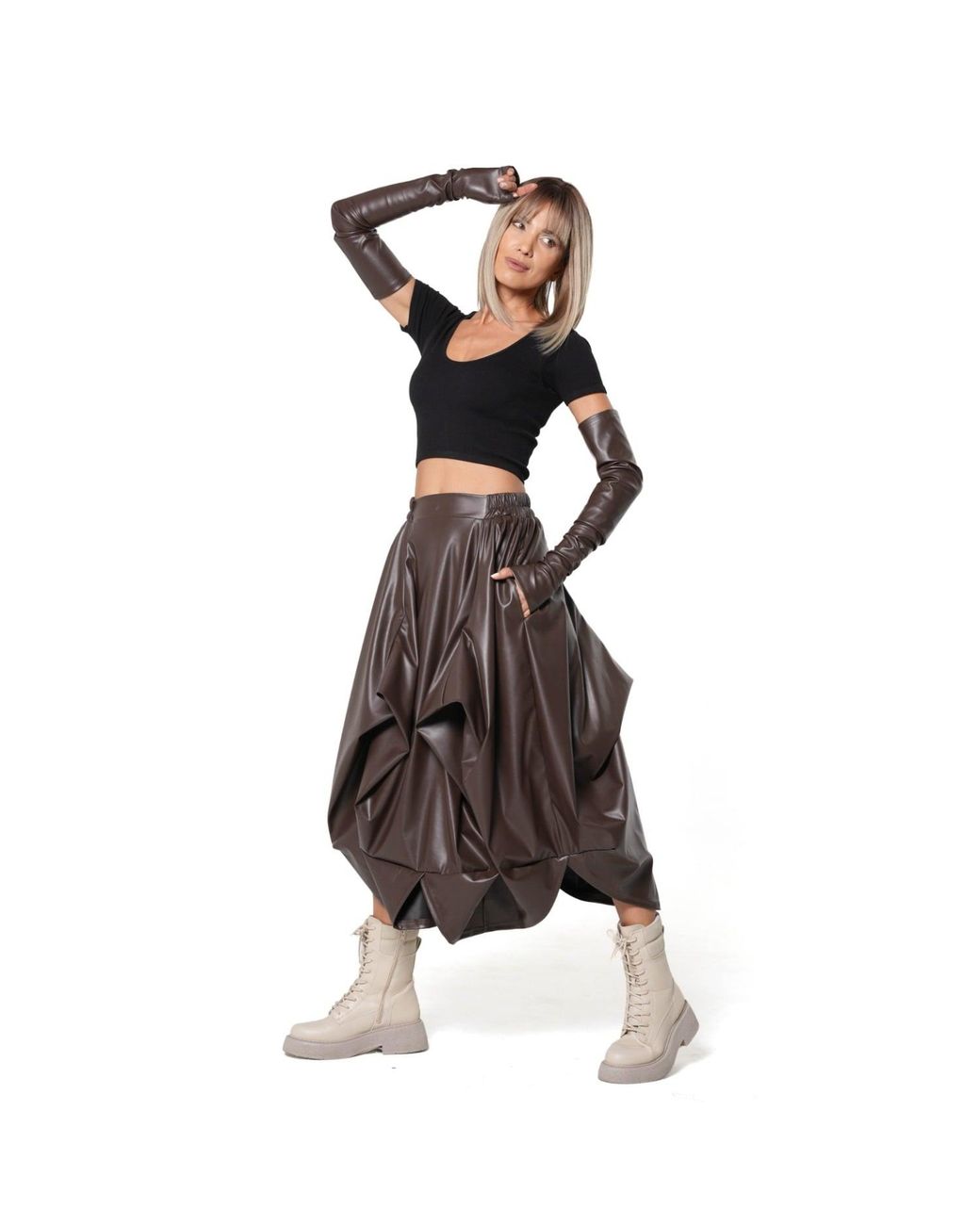 Metamorph Brown Vegan Leather Midi Skirt With Sculptural Folds