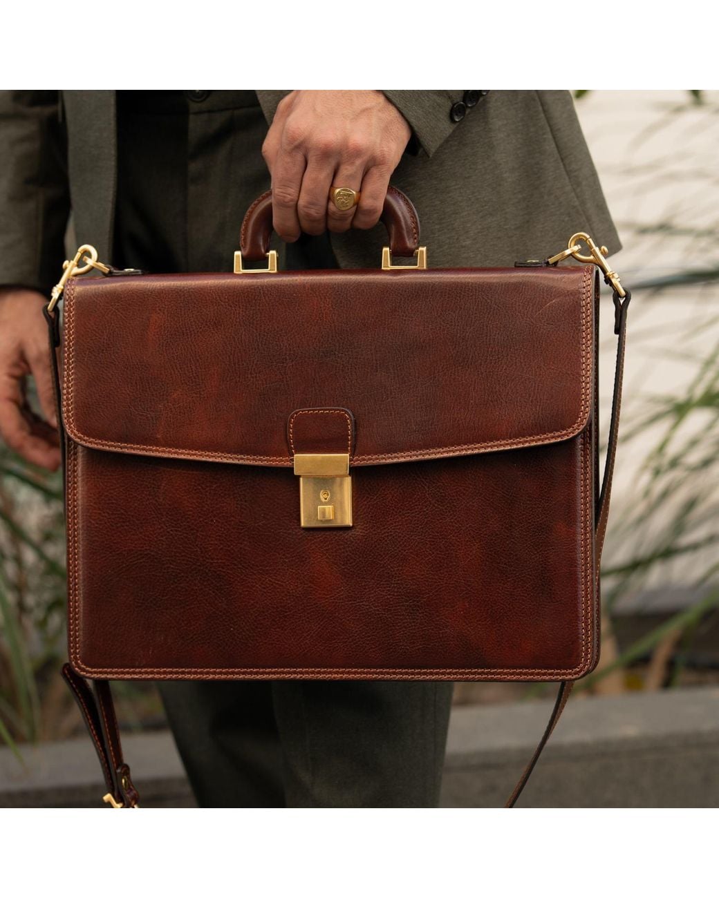 Time Resistance Brown Leather Briefcase for men
