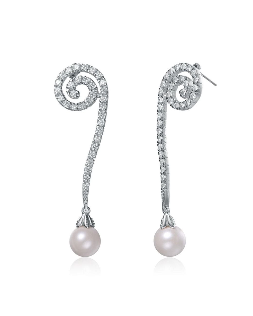Genevive Jewelry White Cubic Zirconia Sterling Plated Long Drop Ten Mm Pearl Earrings