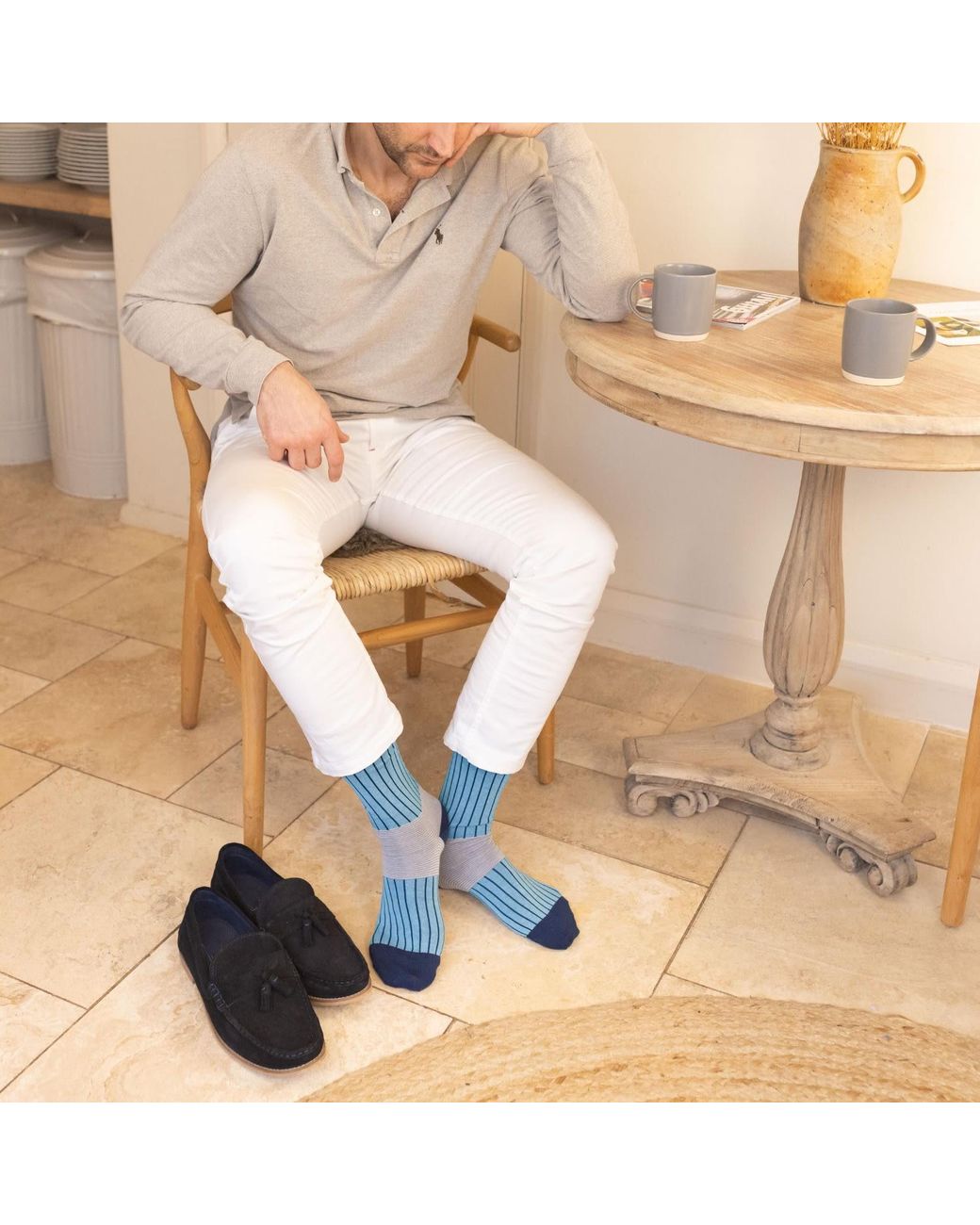 Peper Harow - Made in England Blue Oxford Stripe Luxury Crew & Trainer Socks for men