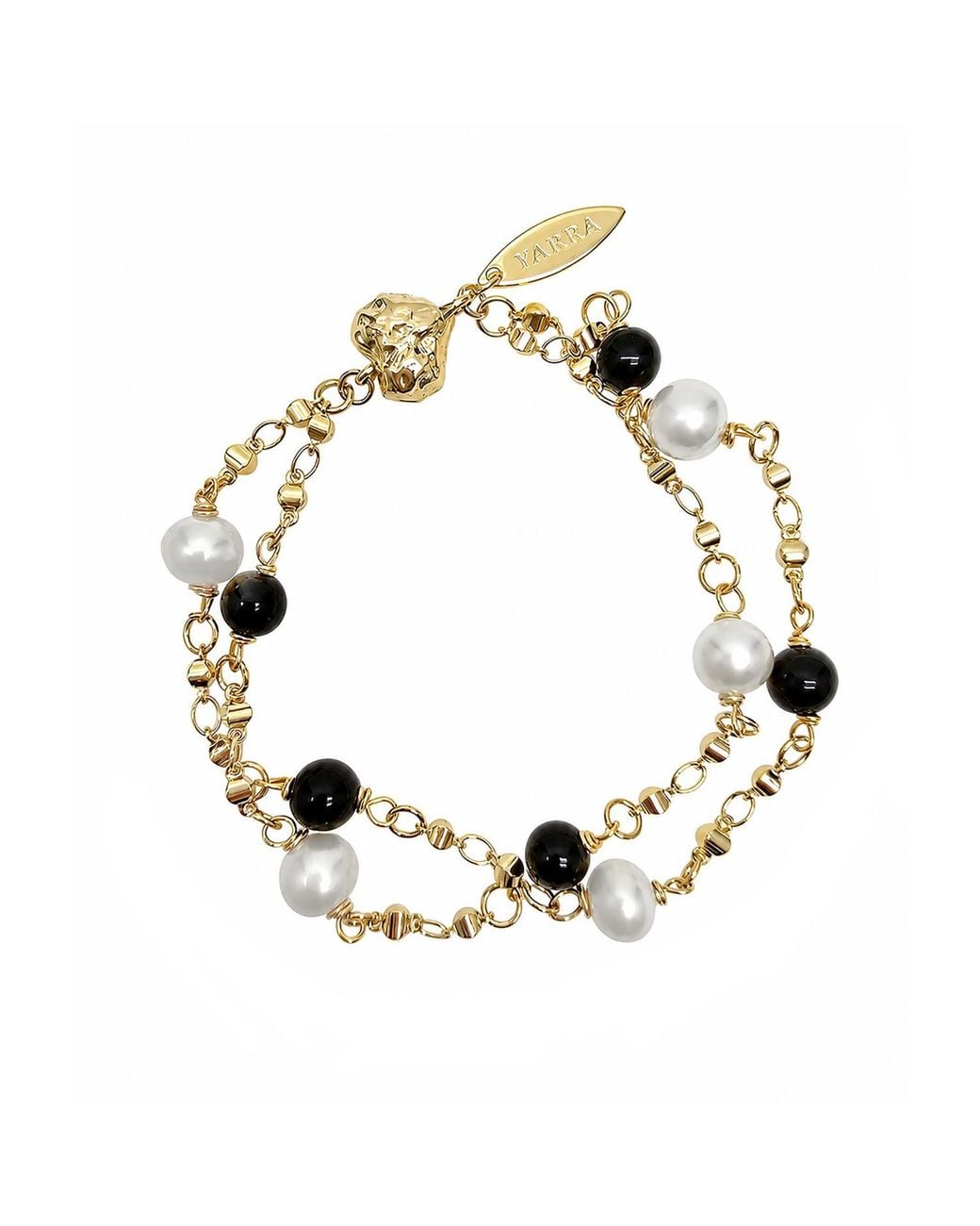Farra Metallic Obsidian And Freshwater Pearl Double Layers Magnetic Clasp Bracelet