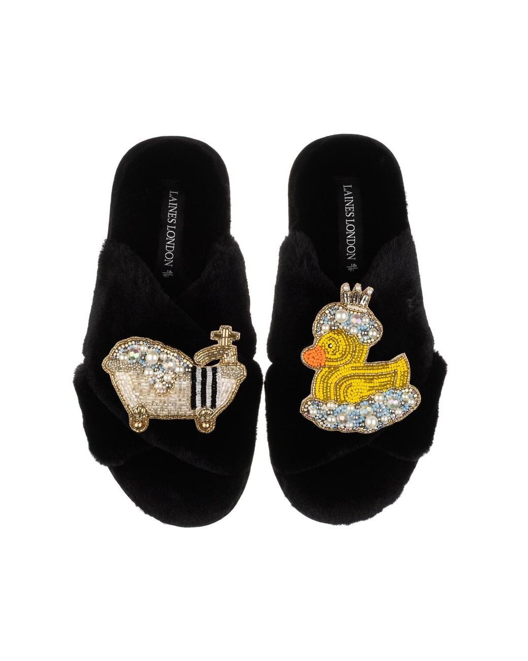 Laines London Black Classic Laines Slippers With Rubber Duck Bath Queen Brooches