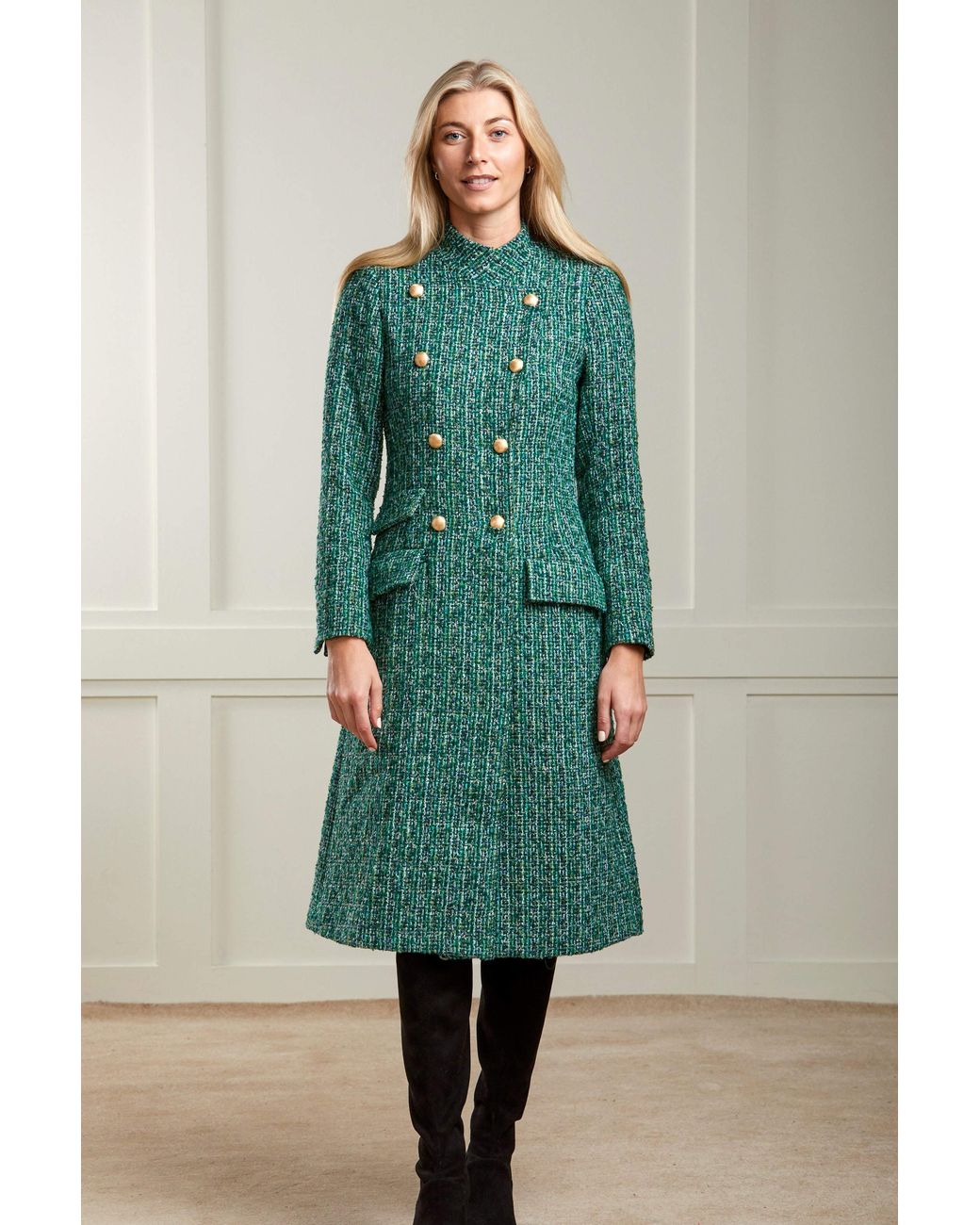 Guinea London Green Military Style Boucle Tweed Coat
