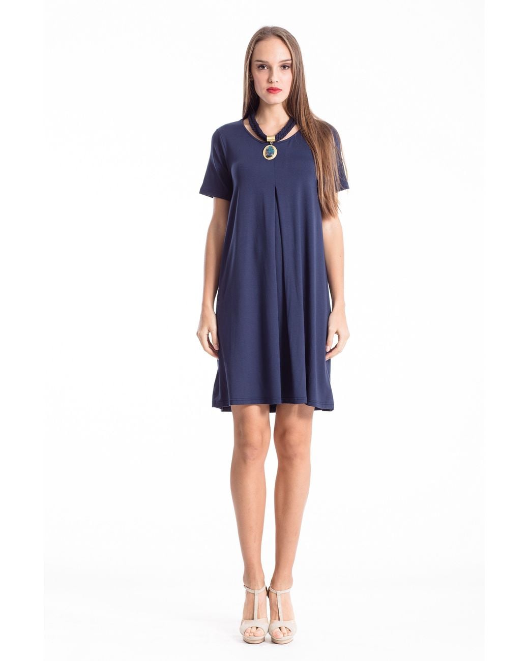 Conquista Blue Short Sleeve Pleat Detail Dress