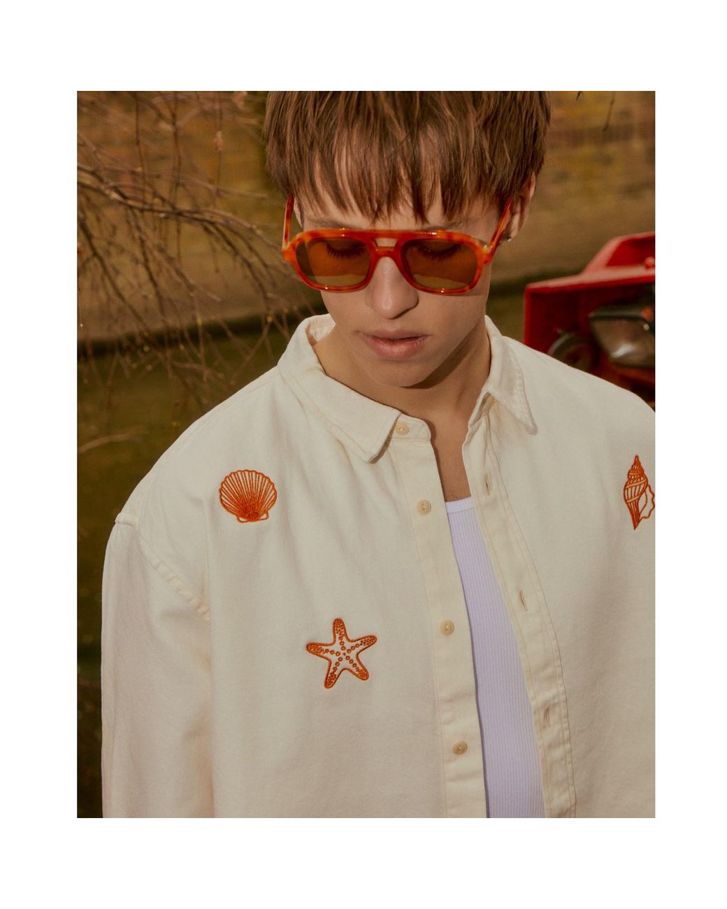 INGMARSON Pink Shell Embroidered Organic Cotton Shirt Ecru for men