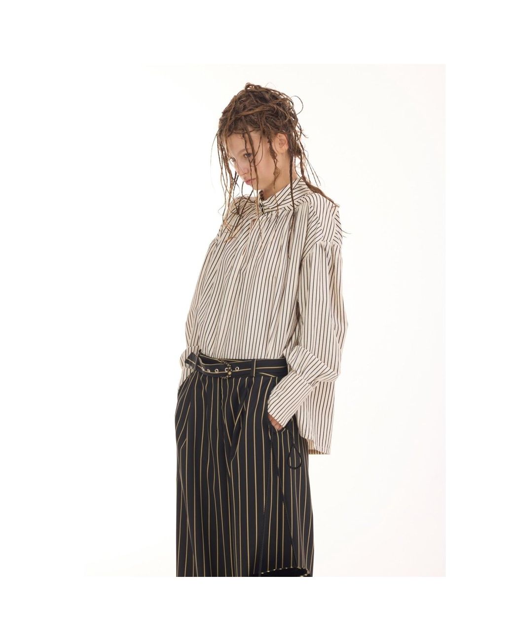 Julia Allert White Neutrals Striped Oversized Long Sleeve Blouse – Ivory