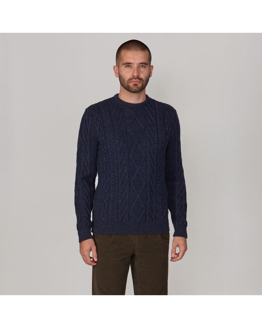 Paul James Knitwear Blue Chunky Merino Wool Cameron Cable Jumper for men