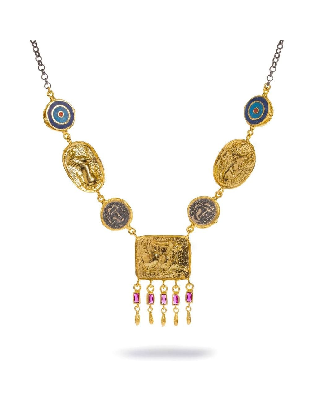 Ebru Jewelry Metallic Amulet Gathering Evil Eye & Ruby Fringe Two Tone Necklace