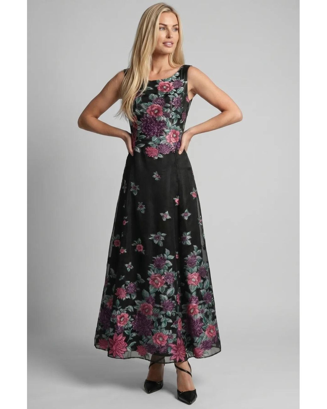 Luna Fashion House Black Cyclamen Floral Maxi Dress, Rina