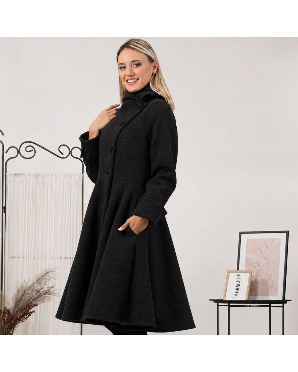 Nikka Place Black A-Line Woolen Coat With Pockets