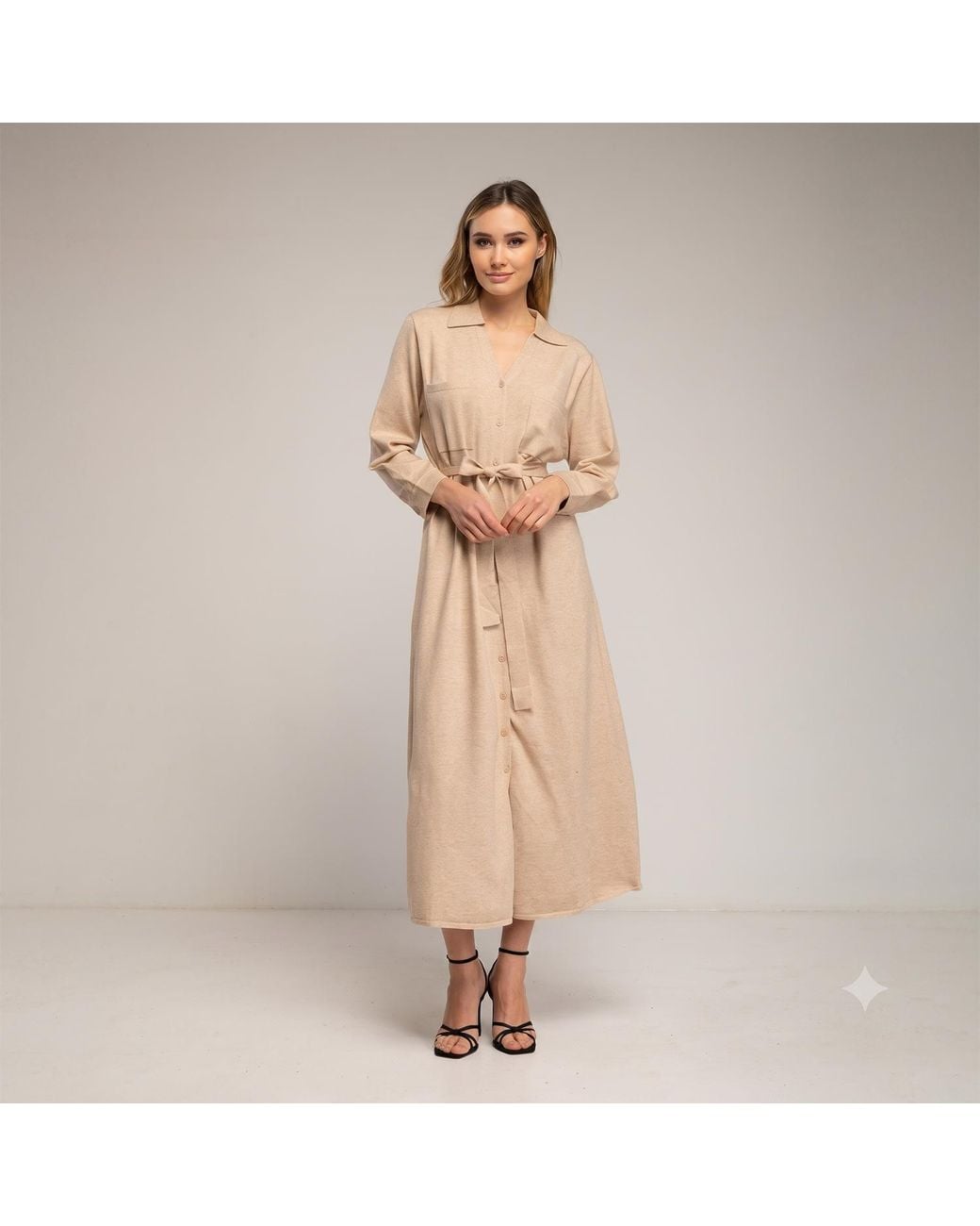 Tantra Spain Sl Natural Neutrals Long Knit Shirt Dress With Chest Pockets And Belt