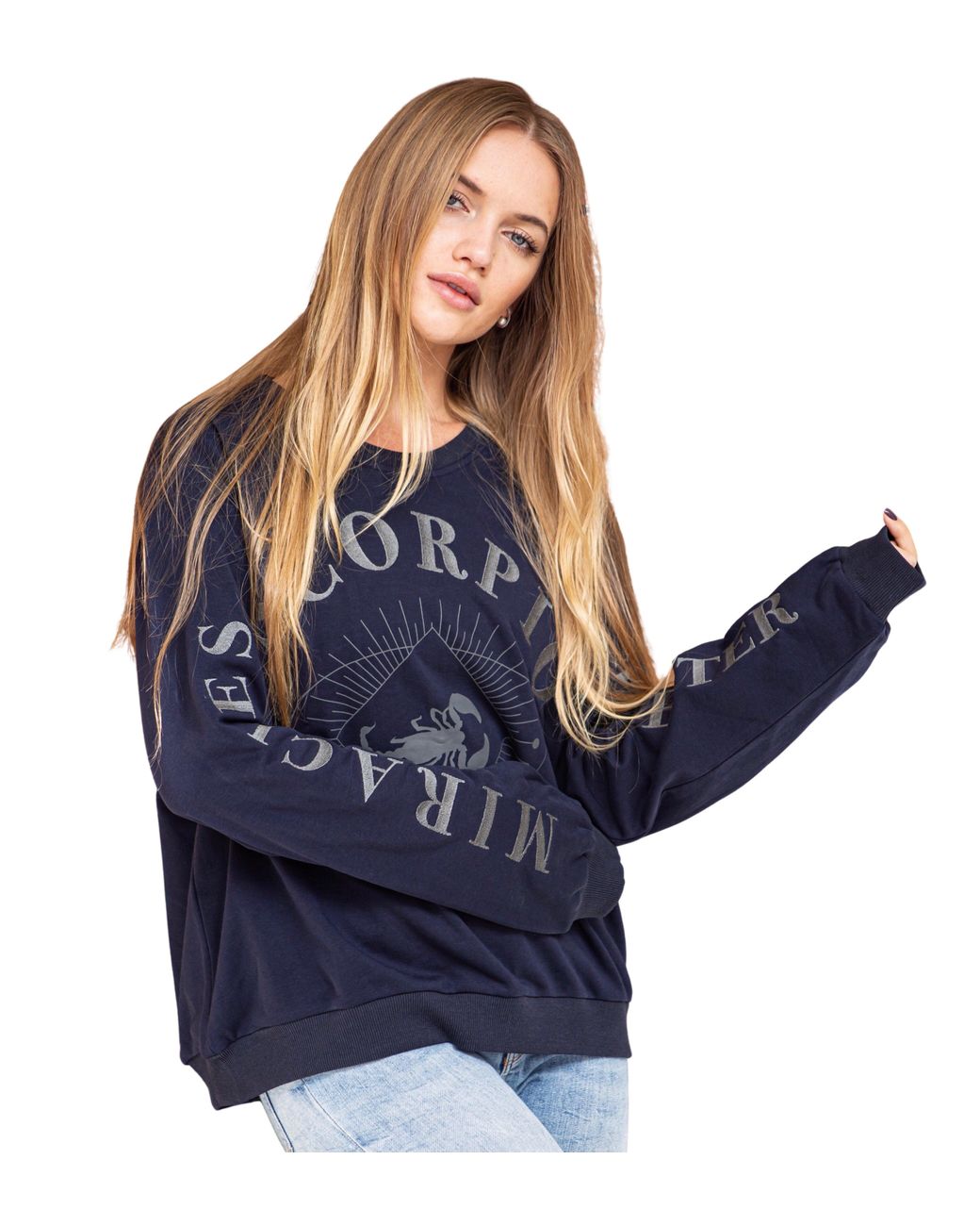 Miracles Manifester Blue Oversized Embroidered Scorpio Sign Sweatshirt