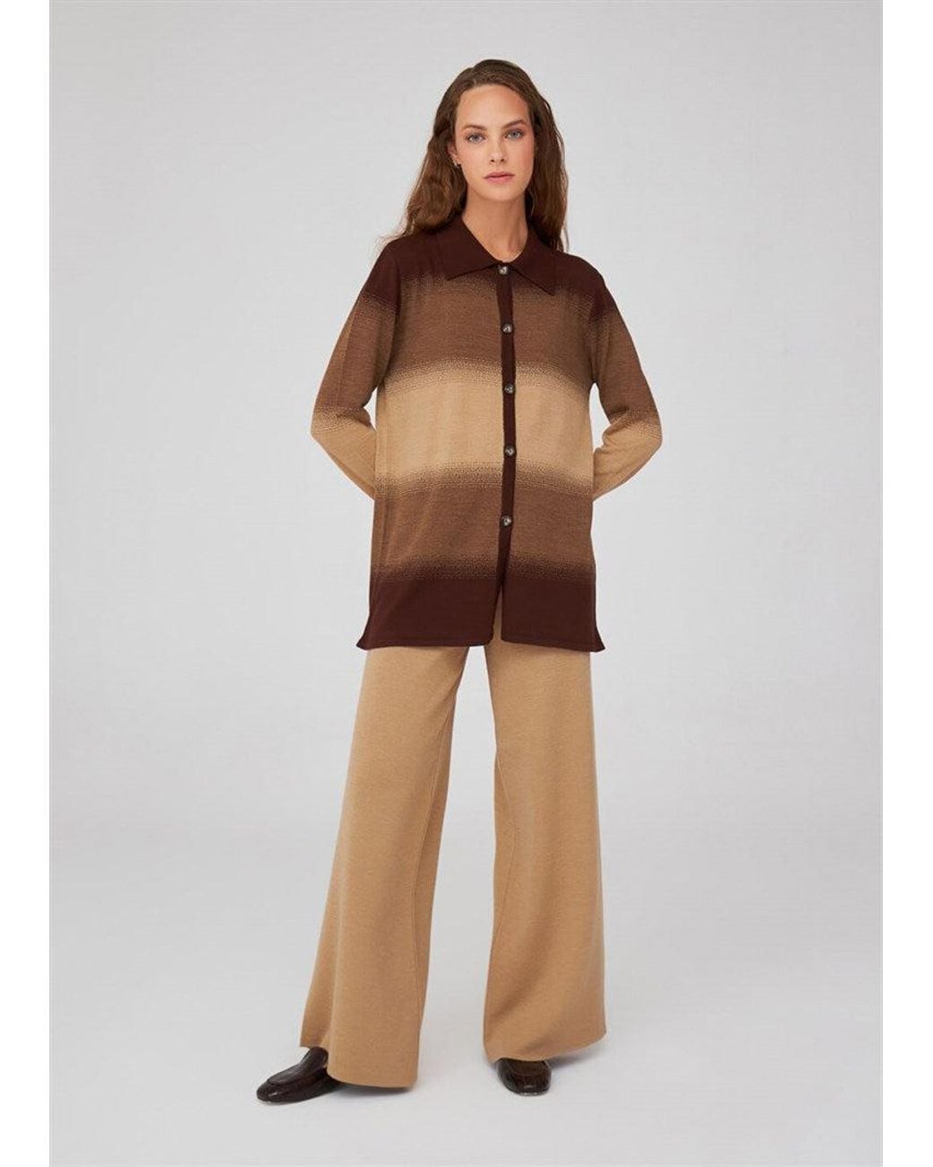Peraluna Brown Polo-Neck Color Transition Knitwear Cardigan