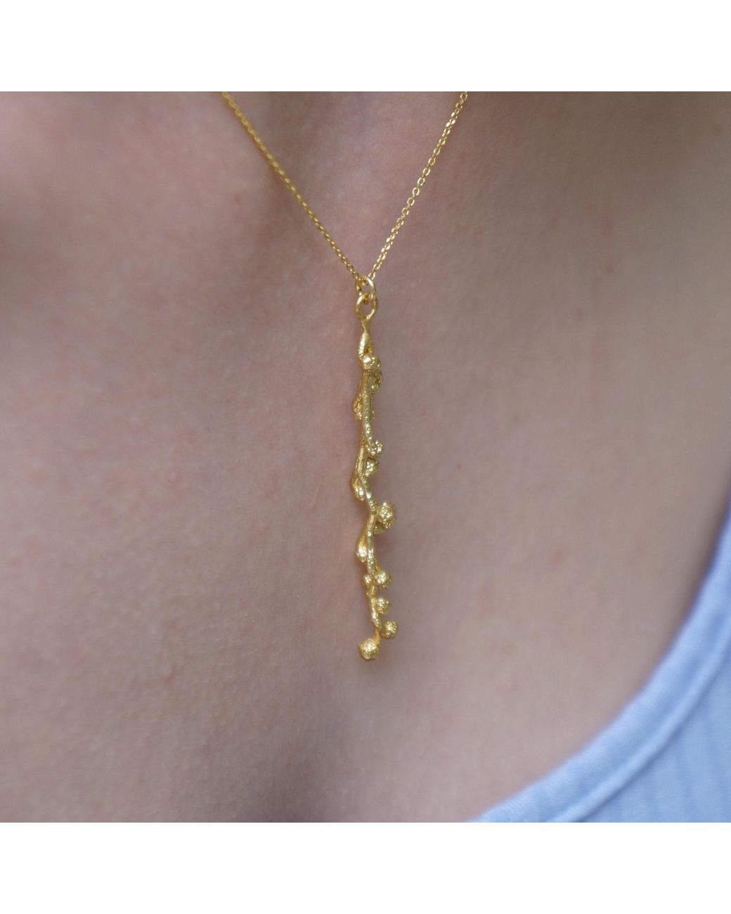 Mother Nature Jewelry Metallic Mimosa Long Necklace, Handmade Nature Pendant