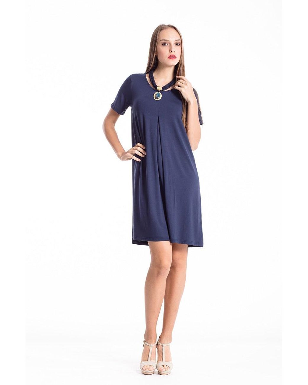 Conquista Blue Short Sleeve Pleat Detail Dress