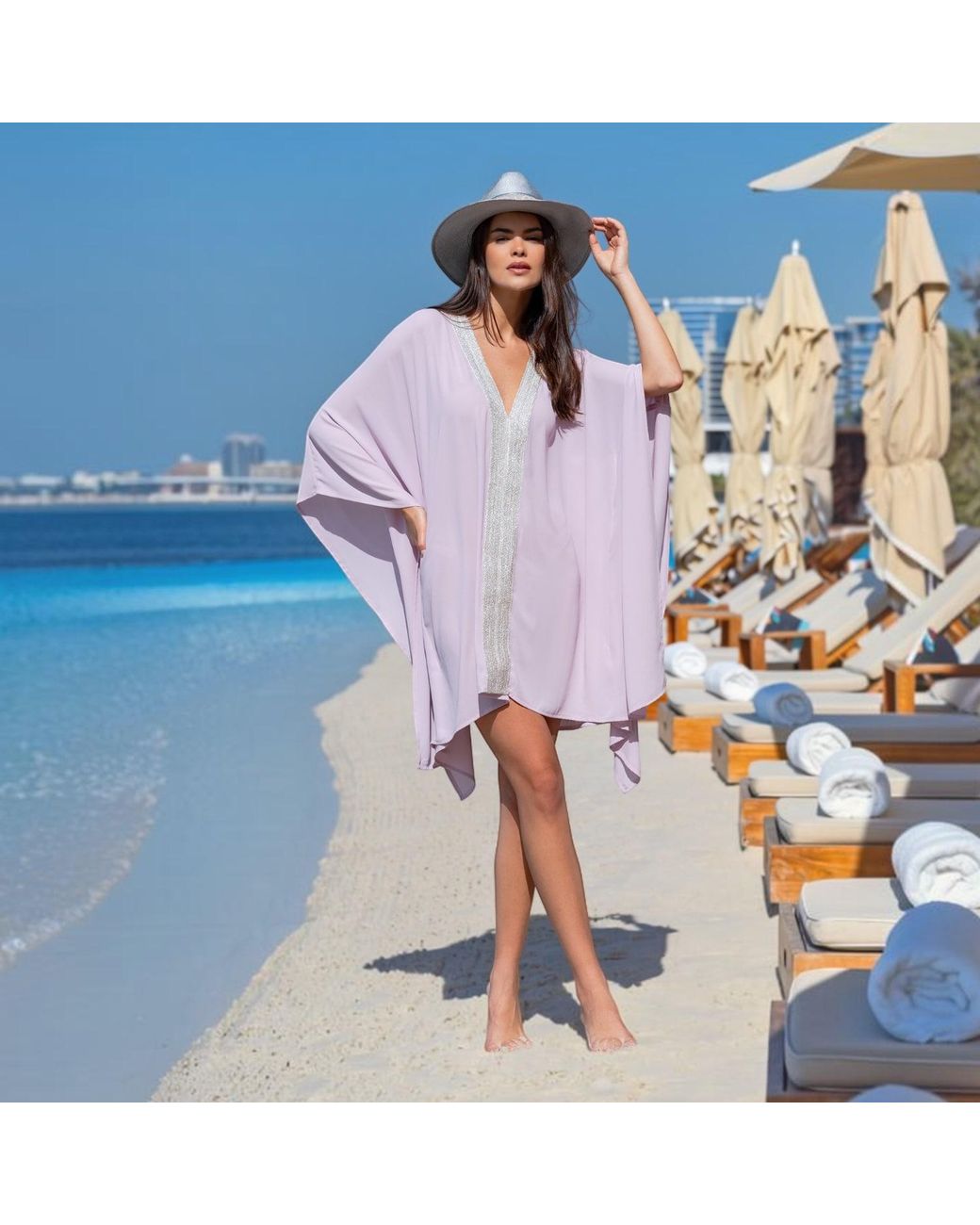 Belyed Handcraft Purple Amirat – Elegant Angel Sleeve Dress By Belyed
