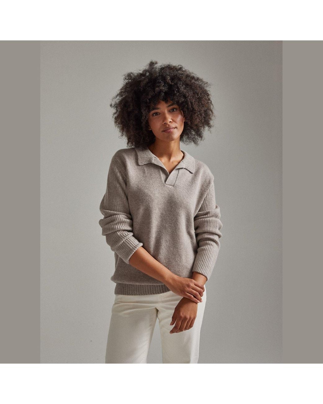 Salts Cashmere Gray Neutrals Polo Sweater With Fishermens Rib Detailing