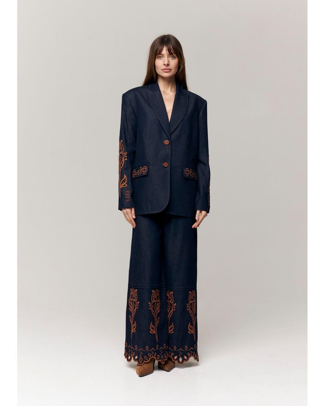 Annabo Blue Velvet Rose Embroidered Denim Wide-Leg Pants