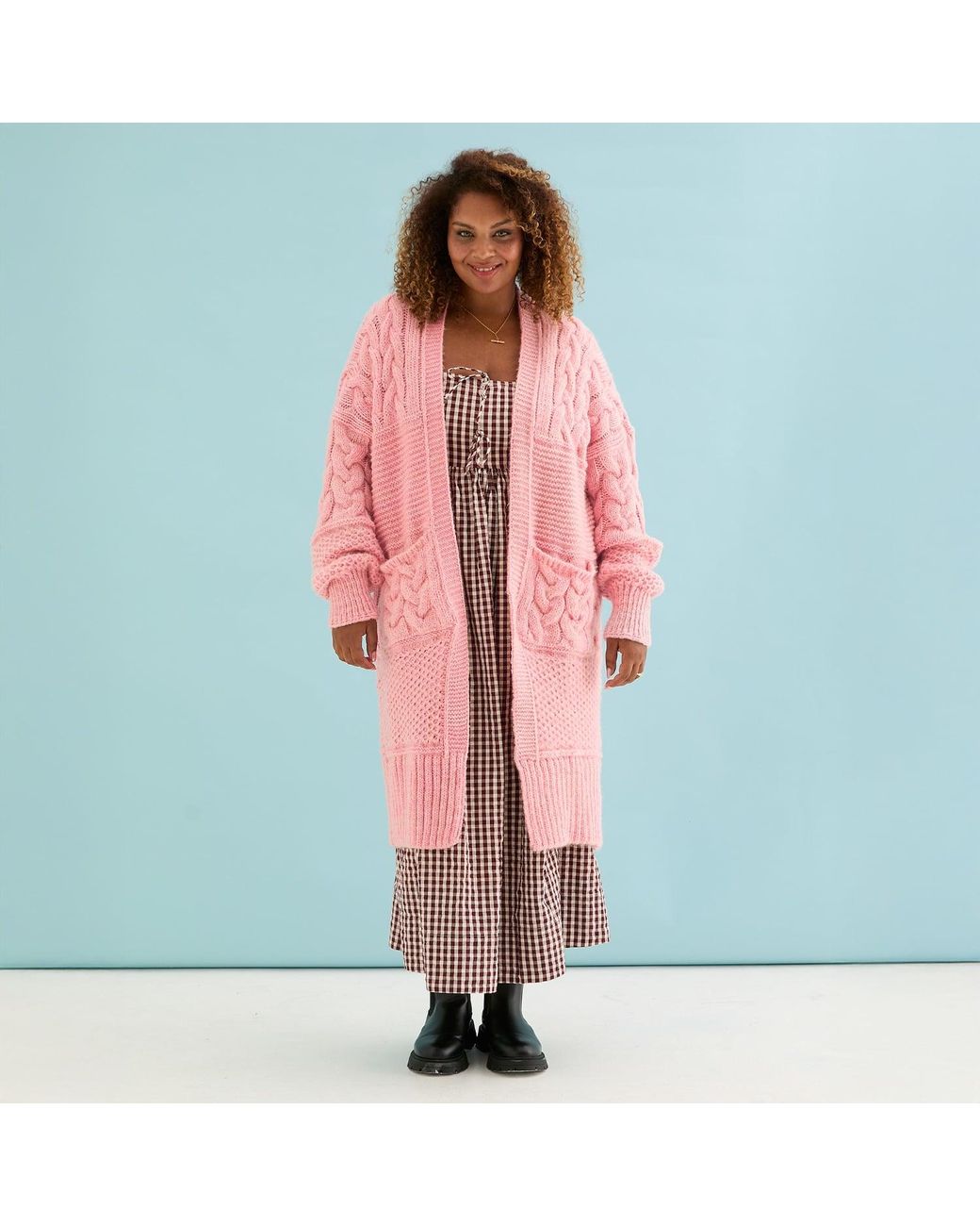 Cara & The Sky Pink Alex Balloon Sleeve Cable Maxi Cardigan