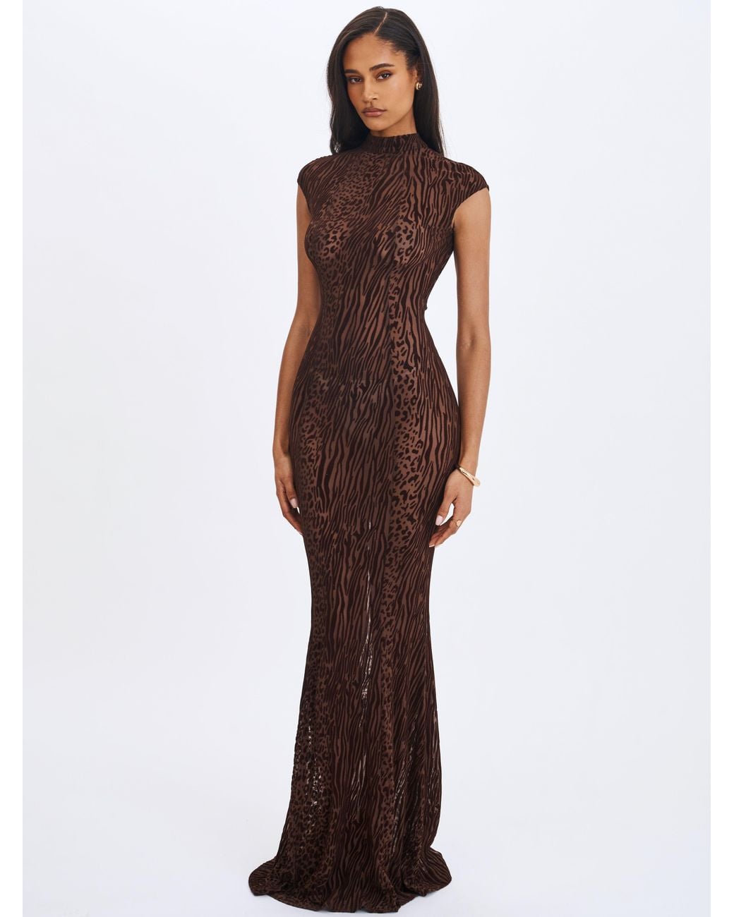 Miss Circle New York Gray Tyanna Mocha Burnout Velvet Mesh Backless Mermaid Maxi Dress