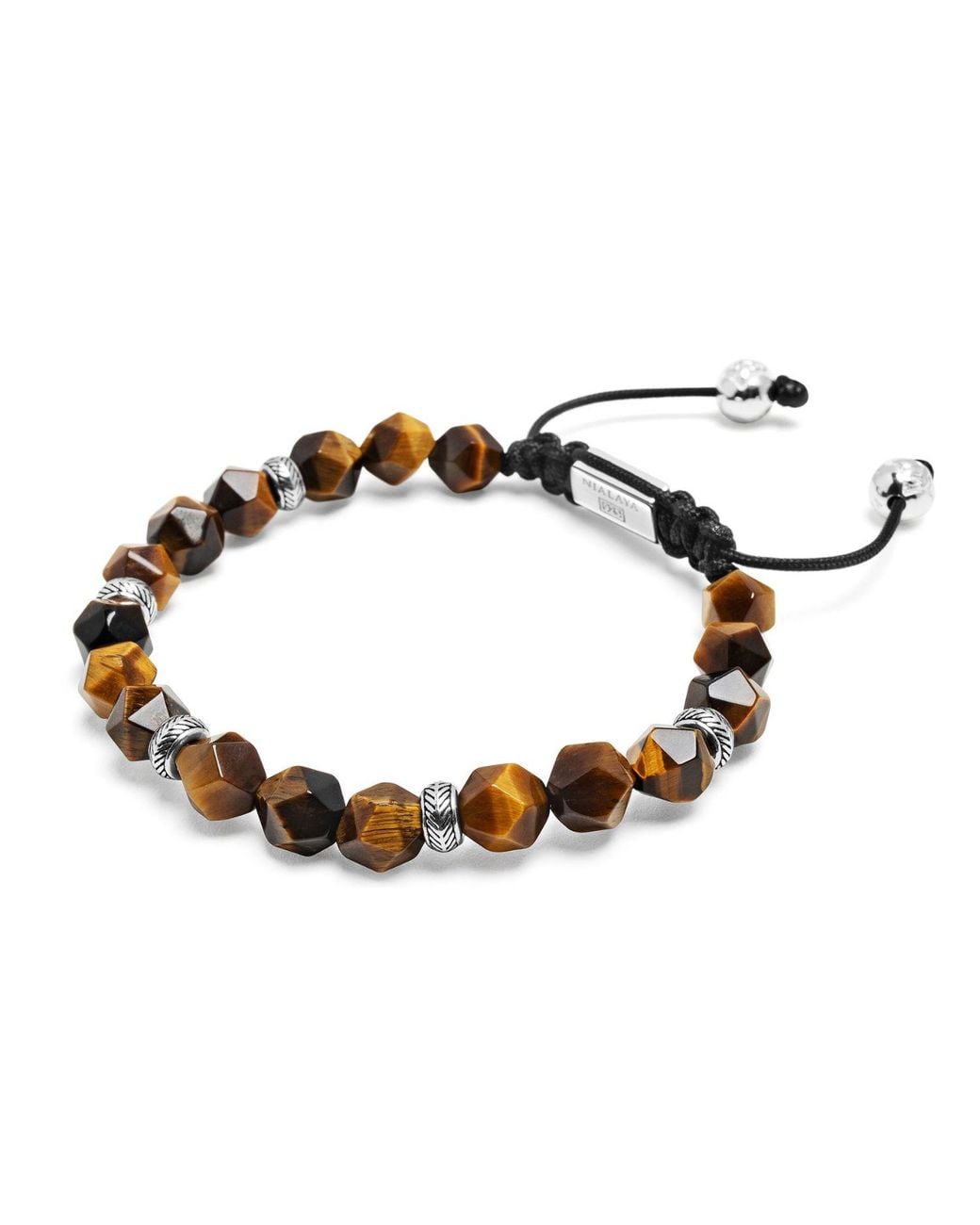 Nialaya Brown Sterling Faceted Beaded Bracelet With Tiger Eye for men