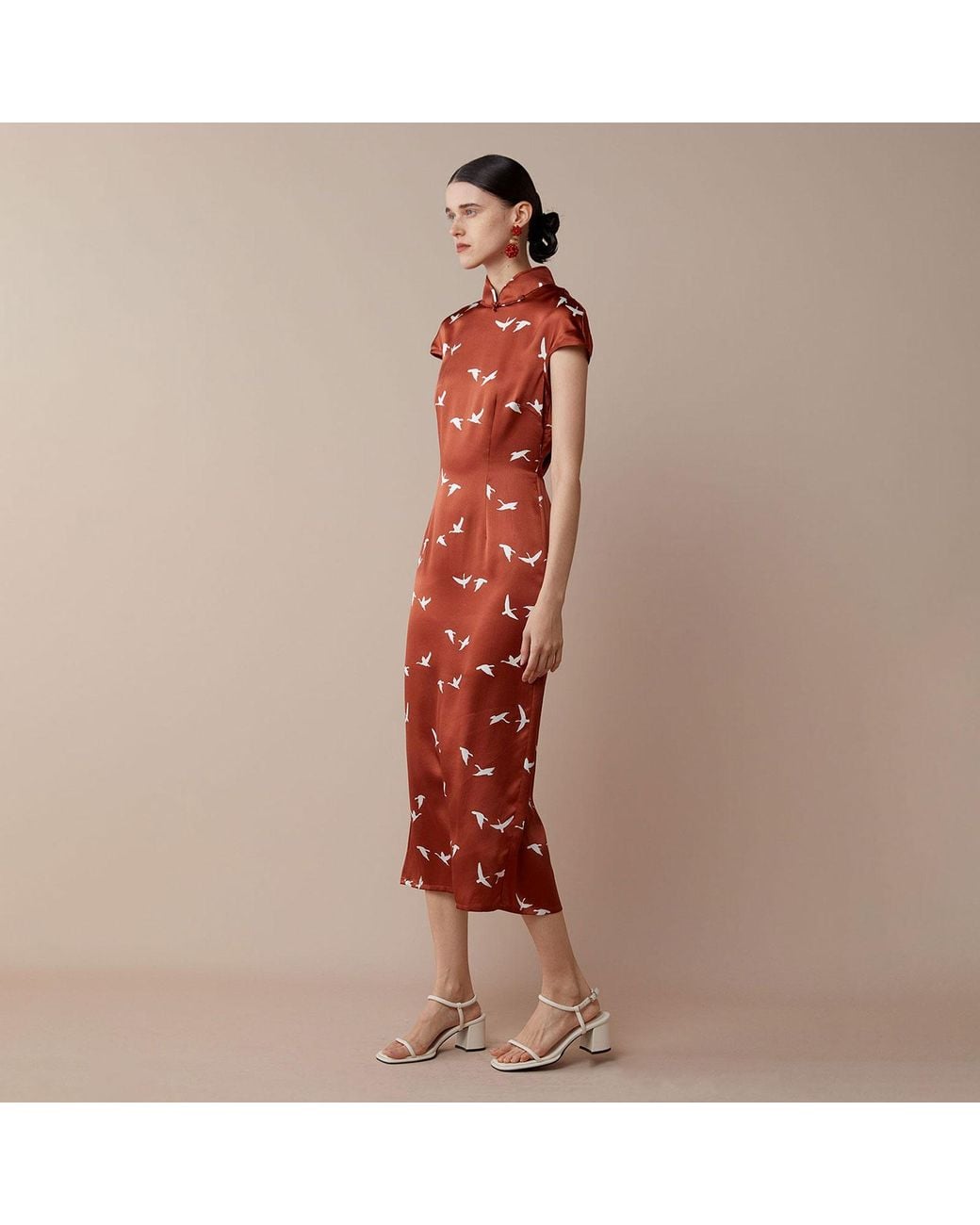 Silkinc Brown Swan Goose Backless Dark Cheongsam