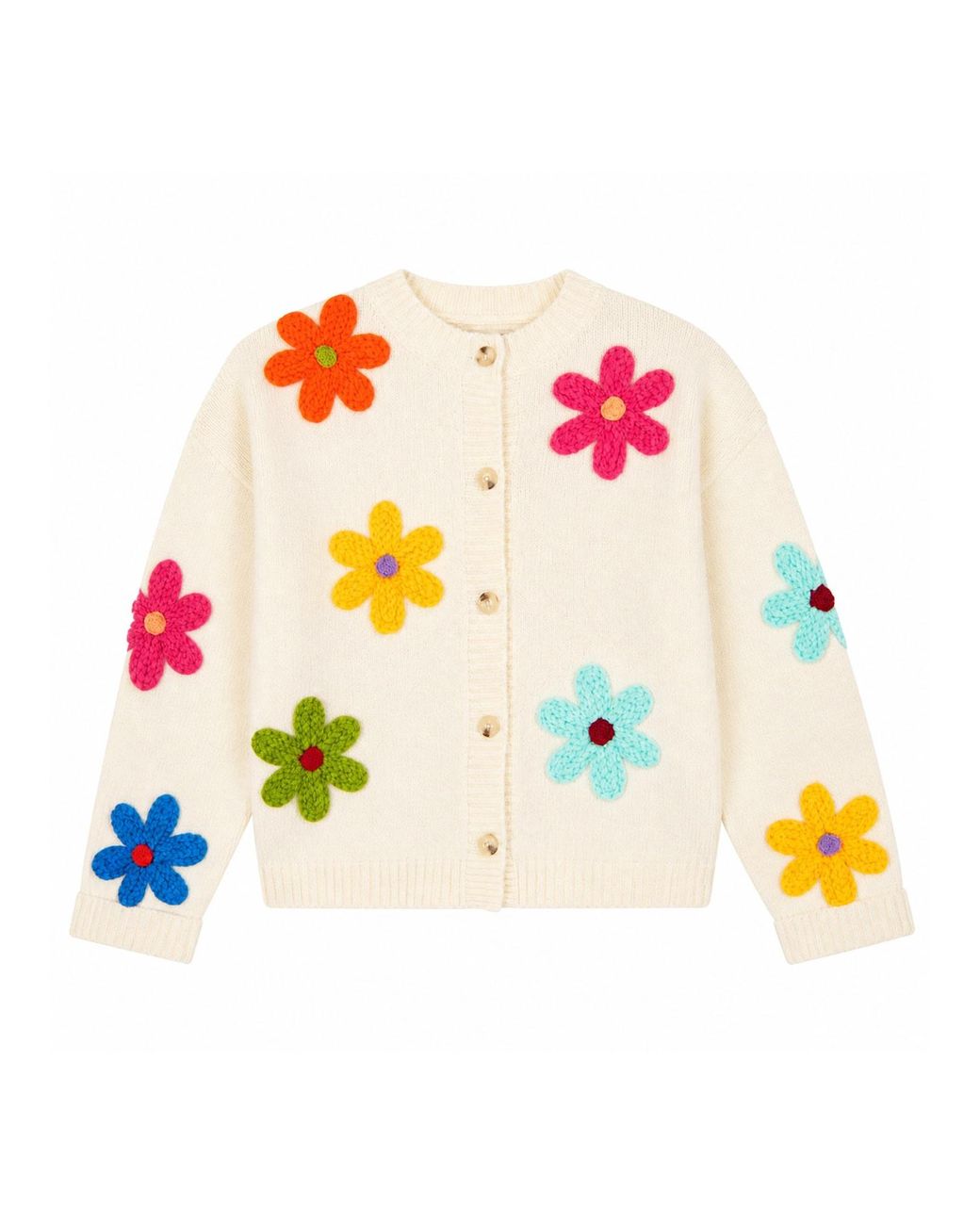 Yumi' Pink Ivory Knitted Flower Applique Cardigan