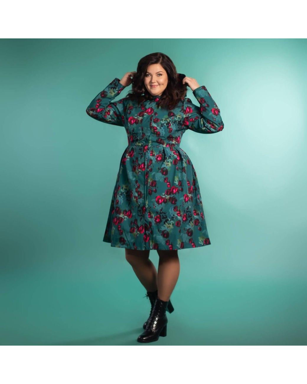 RainSisters Blue Emerald Green Waterproof Coat With Roses: Rosalie