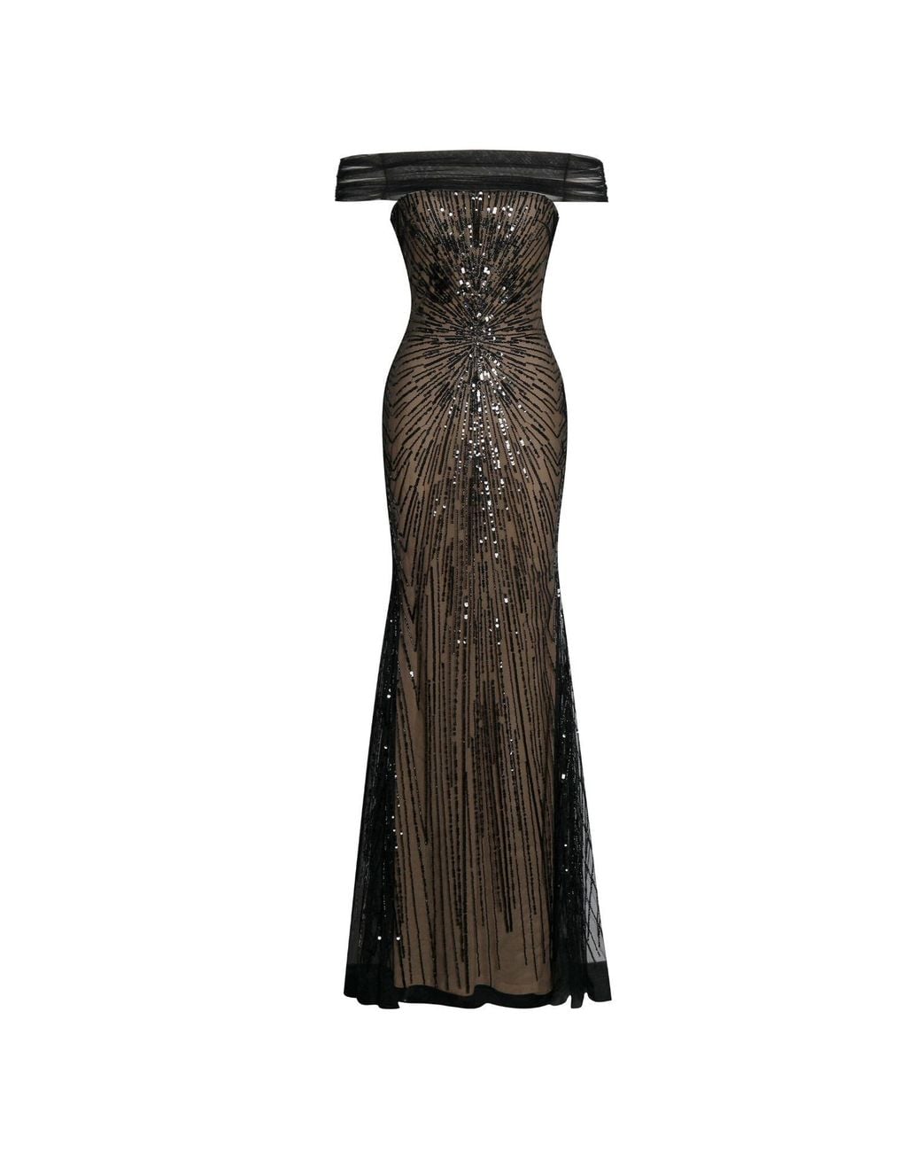 Miss Circle New York Black Qeturah Embroidered Sequin Off Shoulder Mesh Gown