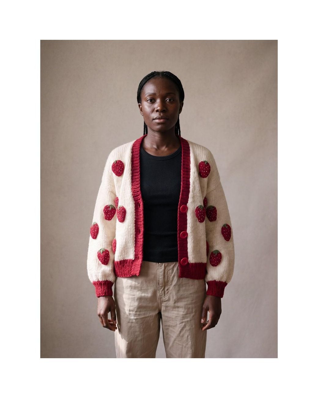 Ana Chic Red Neutrals Burgundy Trim Strawberry Handmade Knitted Cardigan