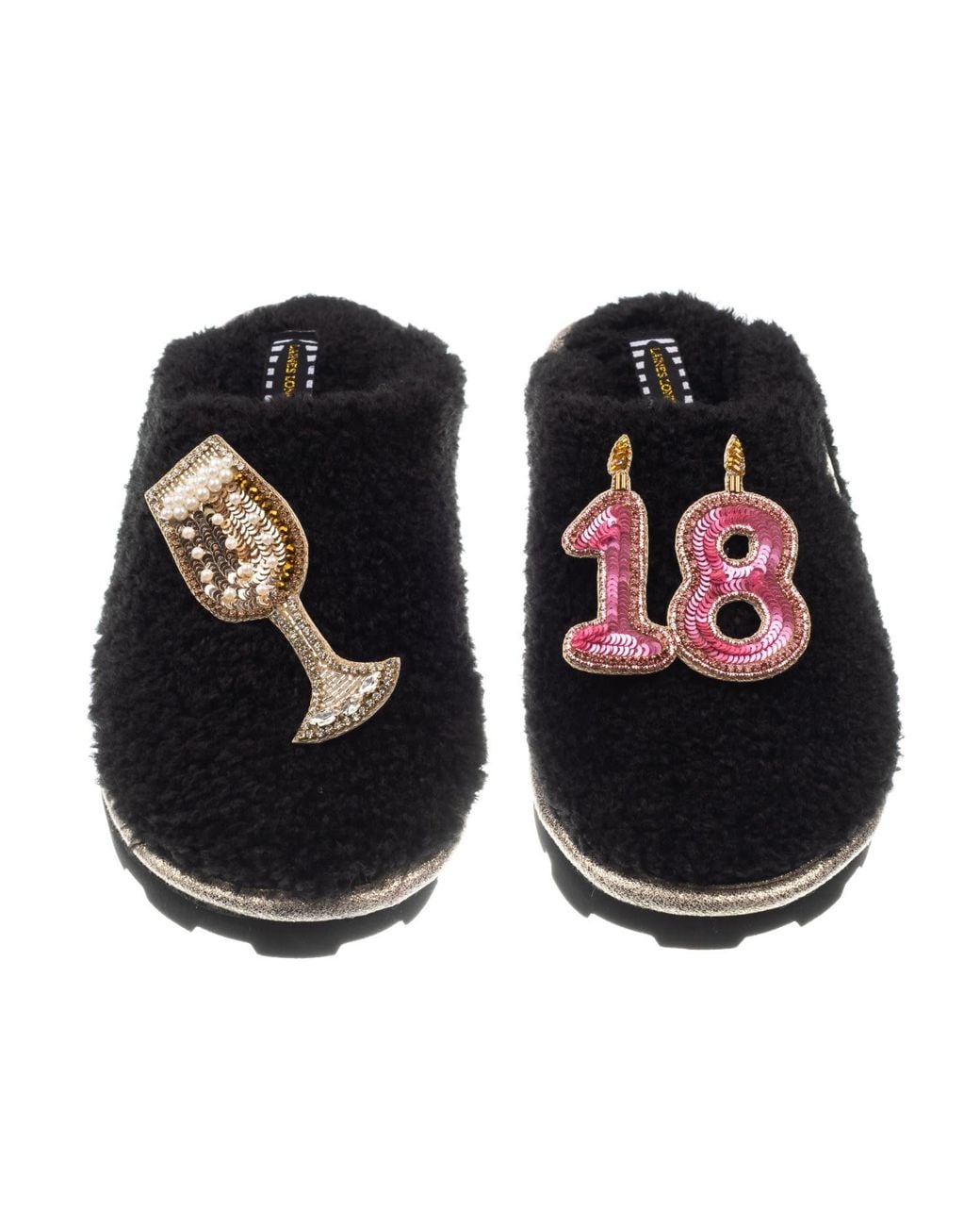 Laines London Black Teddy Closed Toe Slippers With 18Th Birthday & Champagne Glass Brooches